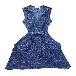 DKNY Jeans Floral V-Neck Midi Dress Women's Large Blue Floral Pockets EUC‎